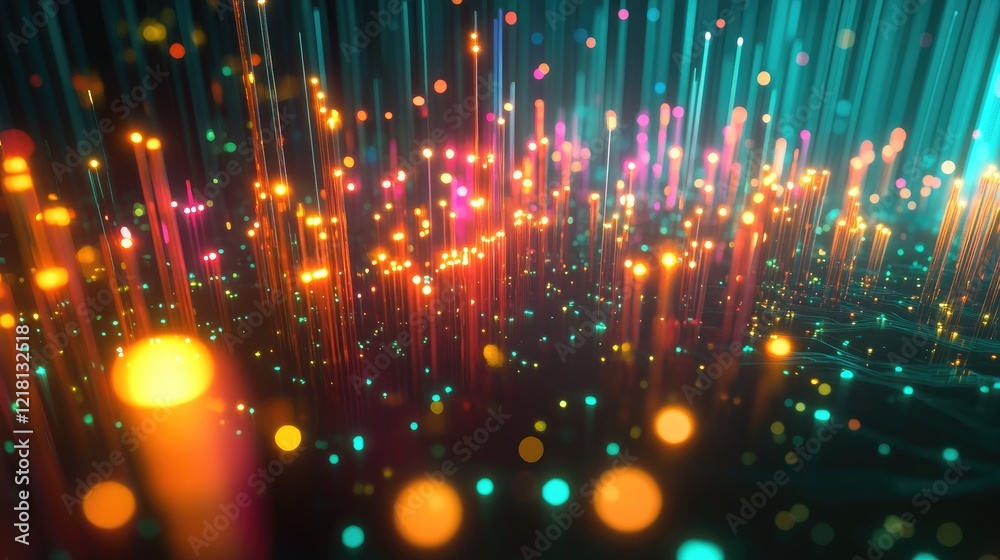 Poster a vibrant 3d chart filled with glowing candles, data points, and financial trends, symbolizing the e