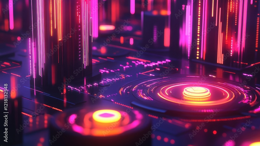 Poster A vibrant 3D rendering of a trading chart with glowing candlesticks, digital data, and infographics, illustrating the power of fintech and big data