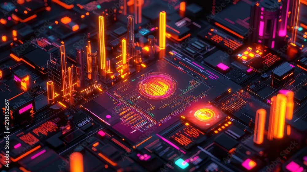 Poster A vibrant 3D rendering of a trading chart with glowing candlesticks, digital data, and infographics, illustrating the power of fintech and big data