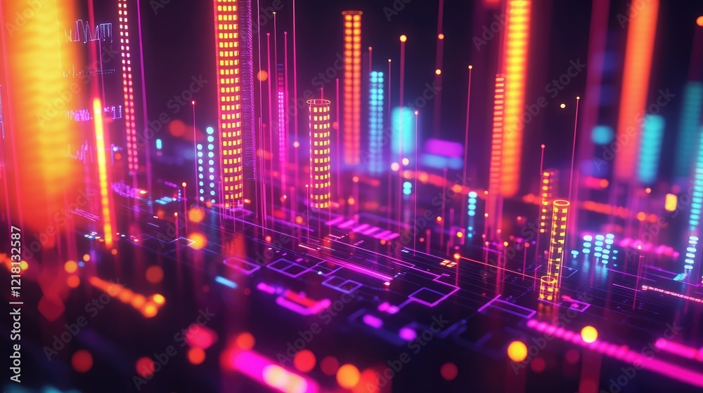 Aufkleber a vibrant 3d rendering of a trading chart with glowing candlesticks, digital data, and infographics,