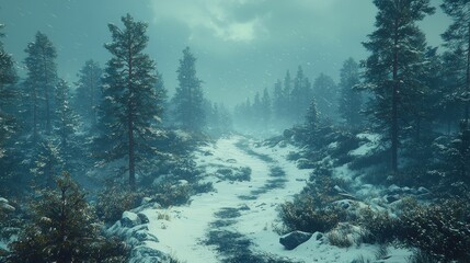 Snowy forest path during a light snowfall with tall evergreens and cloudy skies