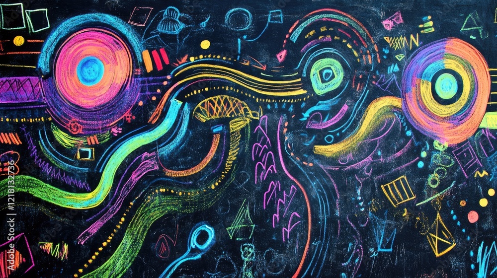 Poster a vibrant chalkboard artwork representing the connection between nature and technology, with bold, c