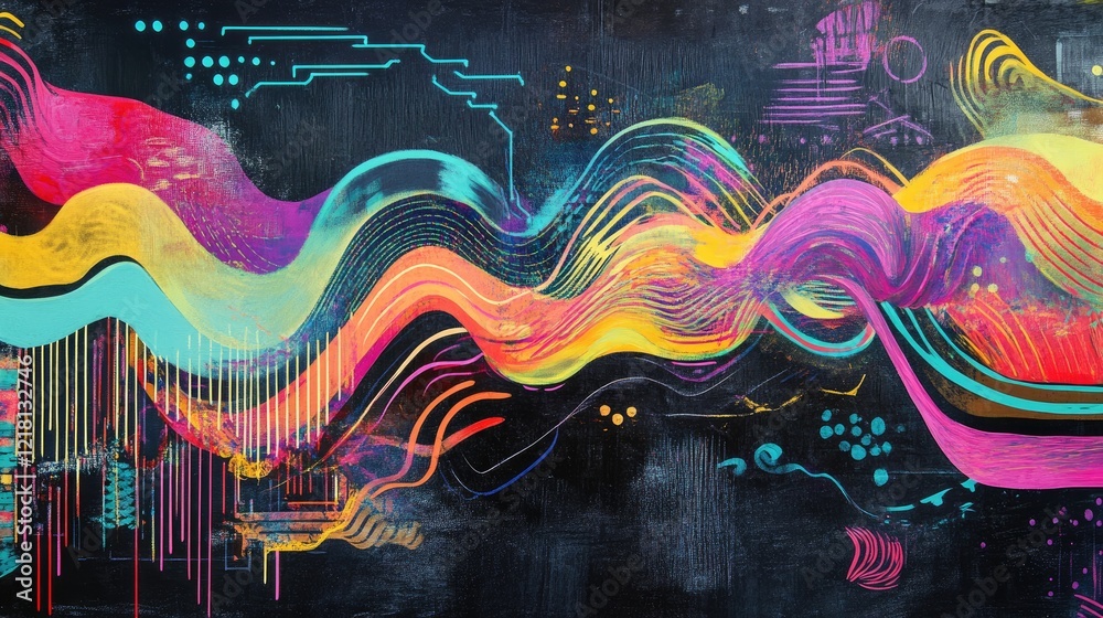 Poster a vibrant chalkboard artwork representing the connection between nature and technology, with bold, c