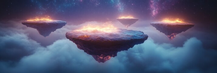 Three fiery, floating islands in a dreamy, cosmic cloudscape.