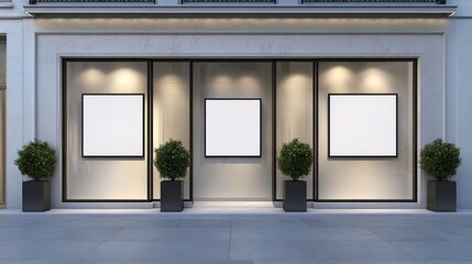 Obraz premium Parisian storefront, blank posters, nighttime, city street, advertisement