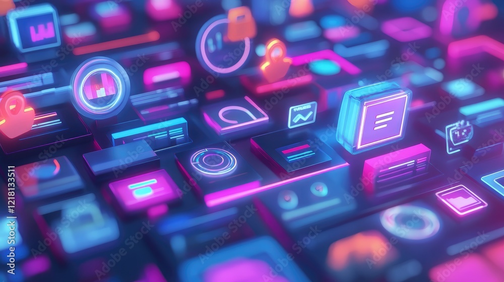 Aufkleber Abstract 3D concept of a search engine with floating search results and icons, representing the seamless connection of data and digital information