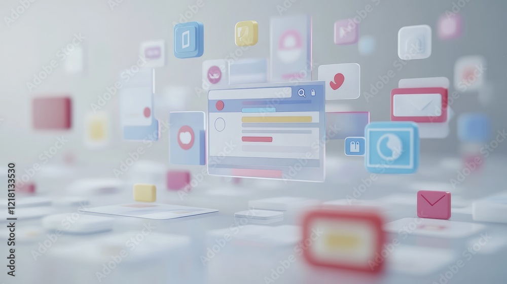 Aufkleber Abstract 3D concept of a search engine with floating search results and icons, representing the seamless connection of data and digital information