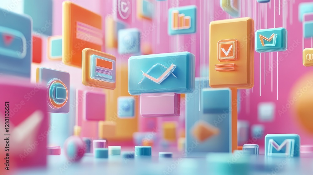 Poster Abstract 3D concept of a search engine with floating search results and icons, representing the seamless connection of data and digital information