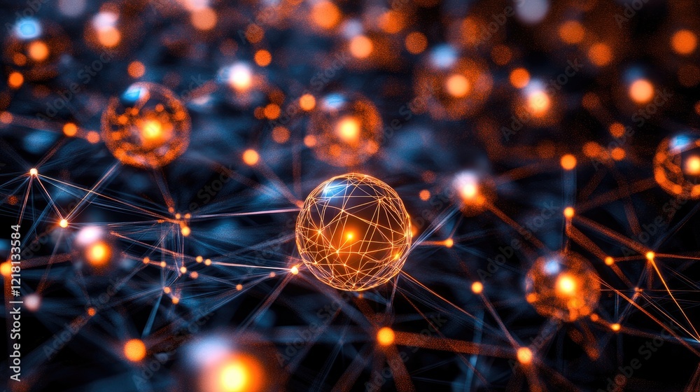 Aufkleber Abstract 3D rendering of AI data cubes and spheres interacting, with glowing connections representing the flow of information in AI systems
