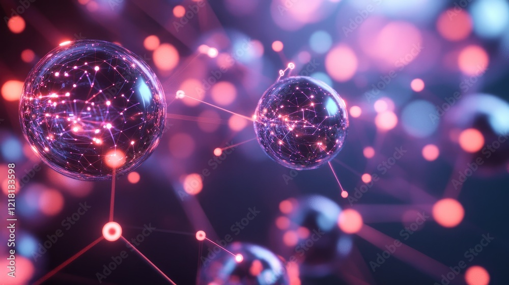 Aufkleber Abstract 3D rendering of AI data cubes and spheres interacting, with glowing connections representing the flow of information in AI systems