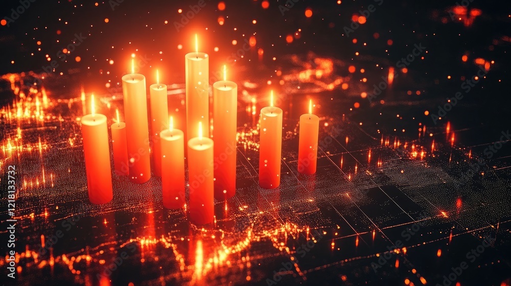 Poster Abstract 3D visualization of a trading chart with glowing candles and complex data streams, symbolizing the cutting-edge world of fintech and data-driven finance