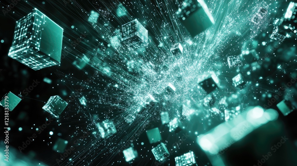 Fototapete Abstract AI technology background featuring flying cubes interconnected by glowing digital threads, symbolizing the complexity of machine learning