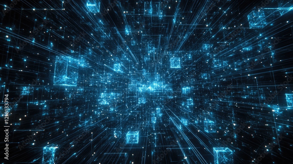Poster Abstract AI technology background featuring flying cubes interconnected by glowing digital threads, symbolizing the complexity of machine learning