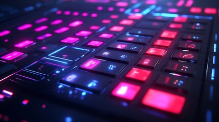Futuristic keyboard glowing, studio setup, cyberpunk background, music production