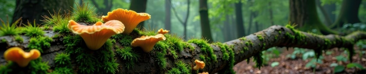 Fungi and moss grow on an ancient, gnarled tree branch, age, tree, forest floor