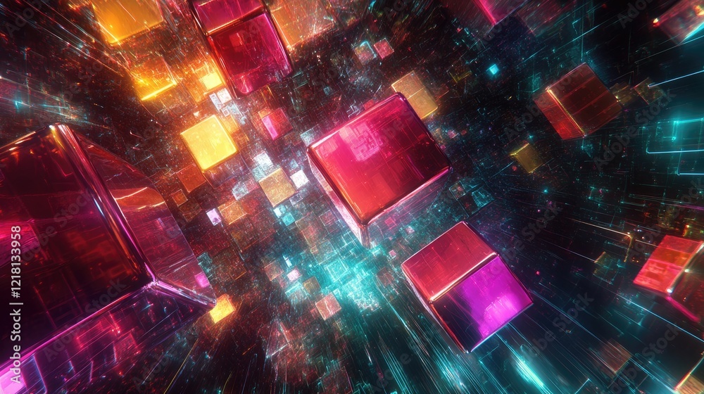 Poster Abstract concept of AI innovation with vibrant cubes and digital data networks, symbolizing the future of cloud technology and artificial intelligence
