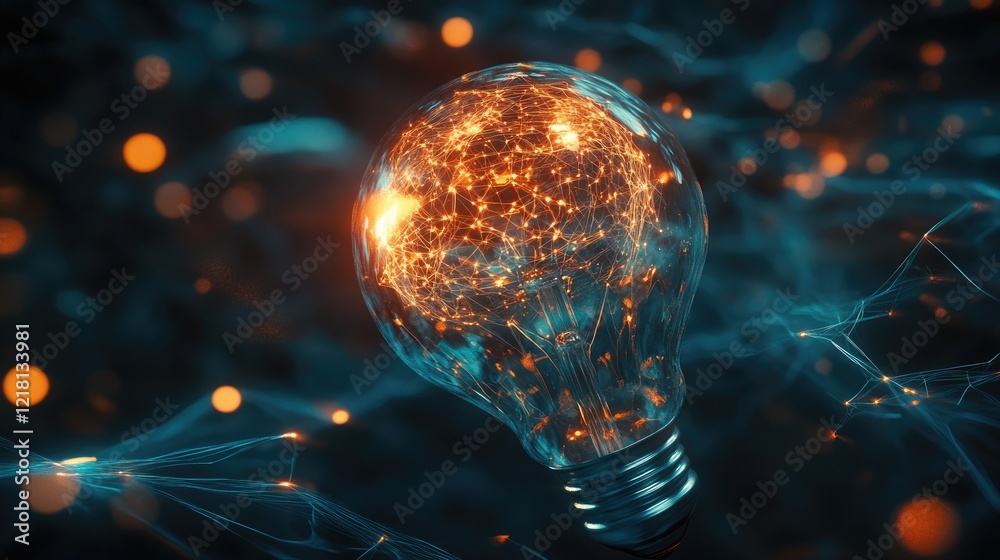 Poster Abstract concept of AI inside a light bulb, with glowing neural networks and data streams flowing, symbolizing the power of artificial intelligence and innovation