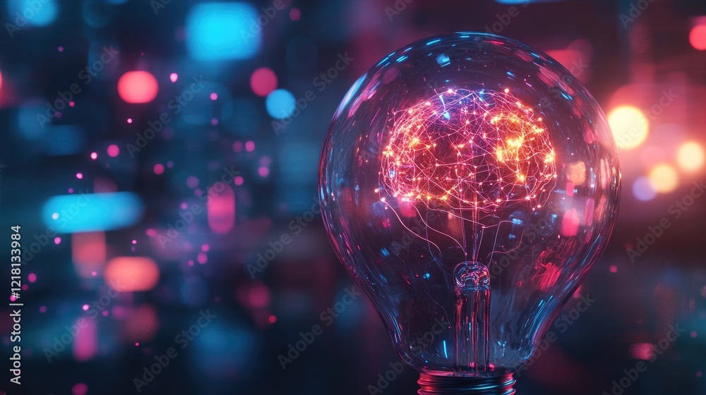 Poster Abstract concept of AI inside a light bulb, with glowing neural networks and data streams flowing, symbolizing the power of artificial intelligence and innovation
