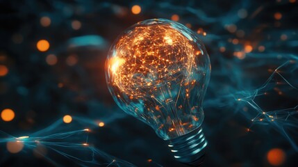Abstract concept of AI inside a light bulb, with glowing neural networks and data streams flowing, symbolizing the power of artificial intelligence and innovation
