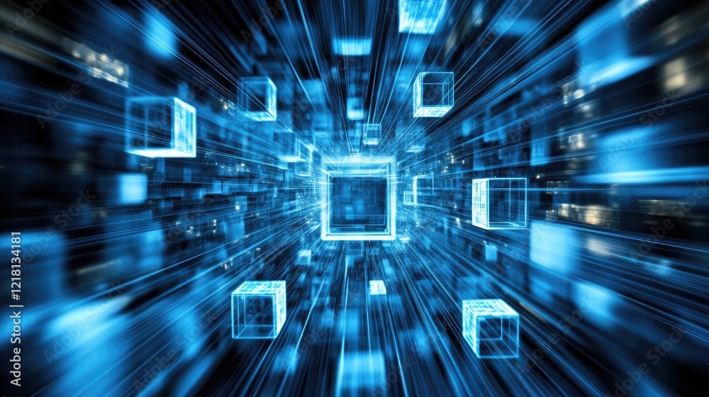 Poster abstract digital concept of a floating array of cubes, connected by glowing lines, illustrating the 