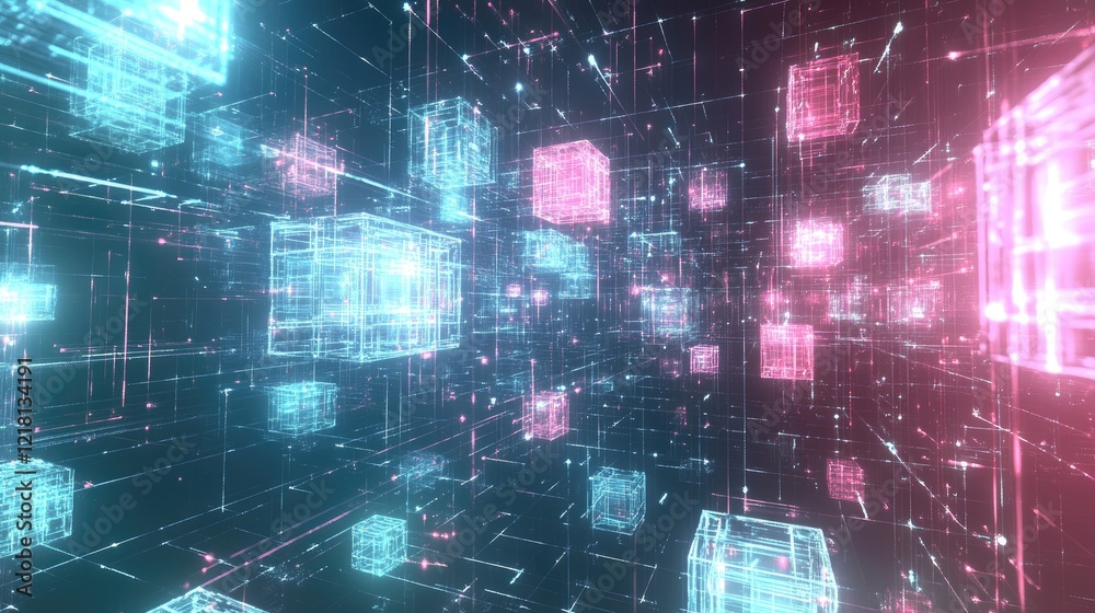 Aufkleber abstract digital concept of a floating array of cubes, connected by glowing lines, illustrating the 