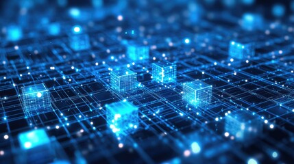 Abstract digital concept of a floating array of cubes, connected by glowing lines, illustrating the complexity of data and modern digital technology