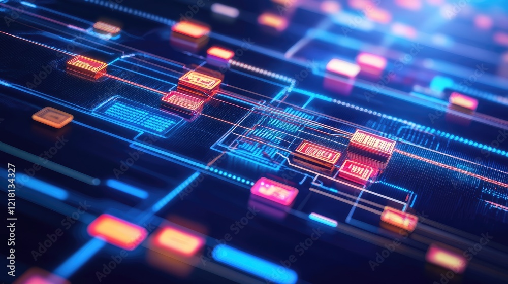 Aufkleber Abstract illustration of Bitcoin and blockchain technology, with glowing blocks and digital data streams, symbolizing the future of digital currencies