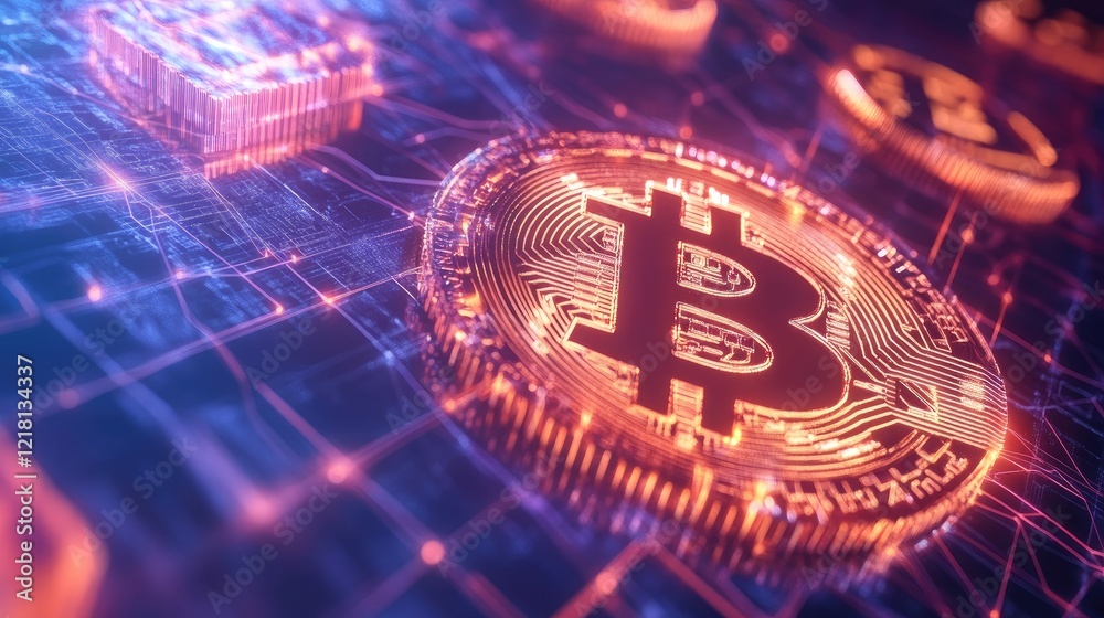 Aufkleber Abstract illustration of Bitcoin and blockchain technology, with glowing blocks and digital data streams, symbolizing the future of digital currencies