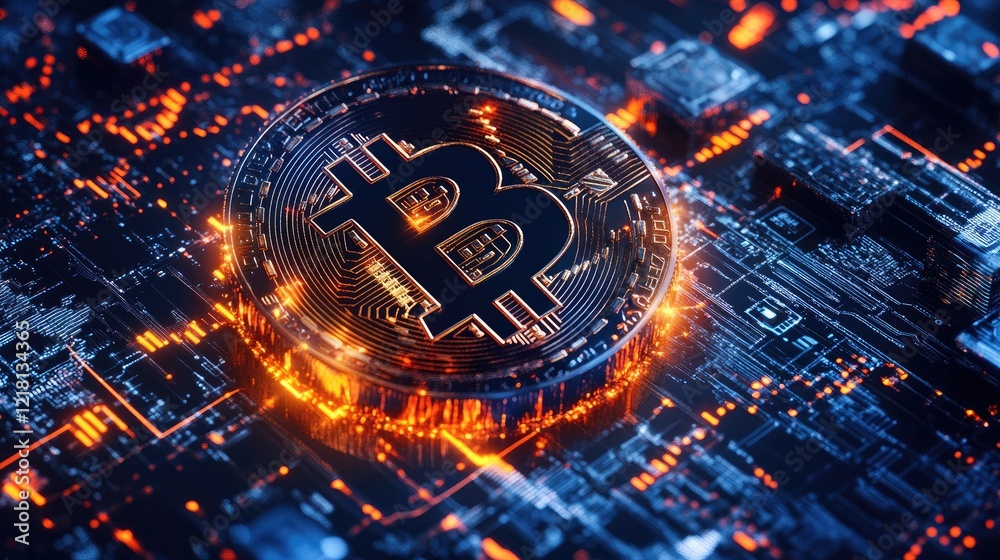 Aufkleber Abstract illustration of Bitcoin and blockchain technology, with glowing blocks and digital data streams, symbolizing the future of digital currencies