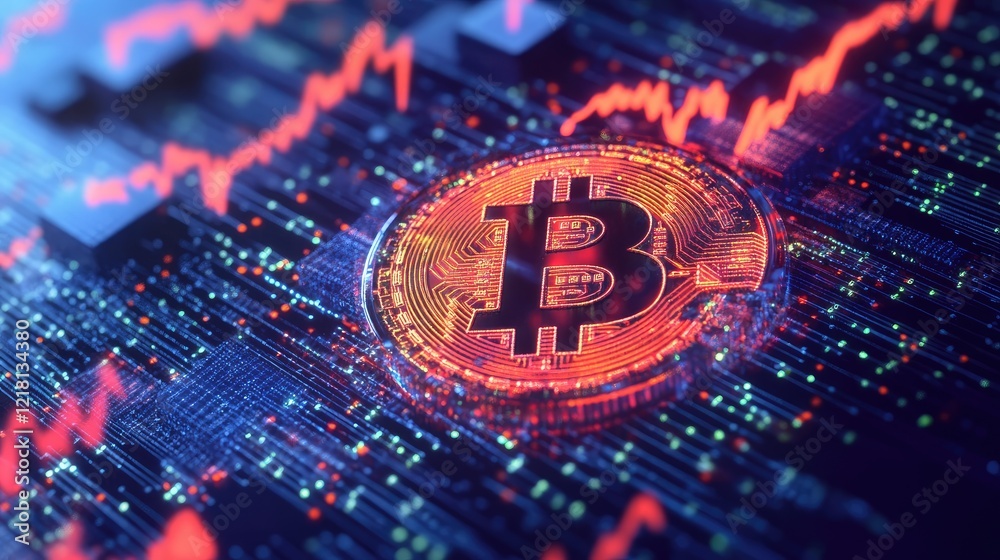 Aufkleber Abstract illustration of Bitcoin and blockchain technology, with glowing blocks and digital data streams, symbolizing the future of digital currencies