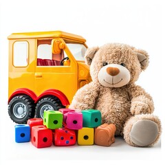 Teddy bear, toy car, blocks; playtime; white background; children's product advertisement