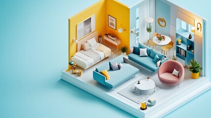 Modern apartment isometric illustration, living room, bedroom, design, home decor, blue background, website banner