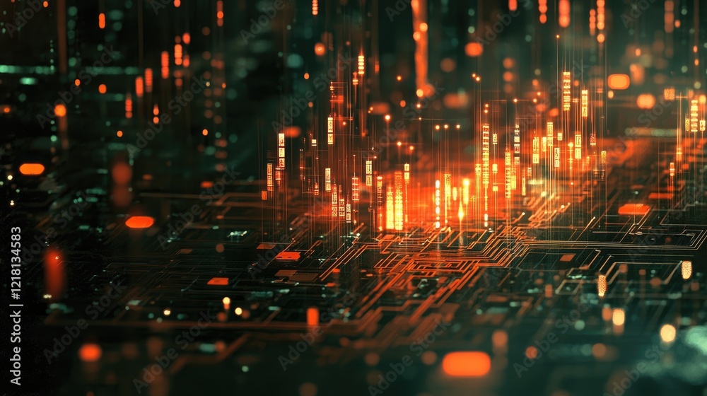 Poster Abstract representation of a stock market chart with candlesticks superimposed on a digital circuit board, illustrating tech-driven financial analysis