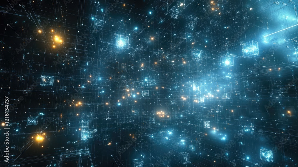 Aufkleber Abstract visual of AI technology with cubes floating in space, connected by glowing lines, symbolizing data processing and machine learning in the digital era