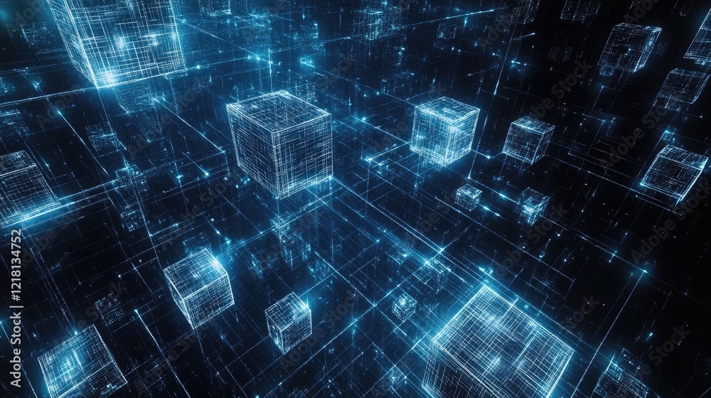 Aufkleber Abstract visual of AI technology with cubes floating in space, connected by glowing lines, symbolizing data processing and machine learning in the digital era