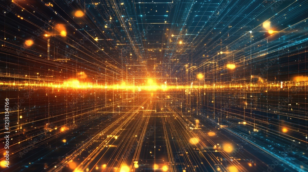 Poster Abstract visual of AI technology with cubes floating in space, connected by glowing lines, symbolizing data processing and machine learning in the digital era