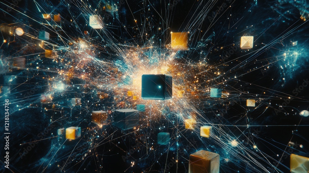 Poster Abstract visual of AI technology with cubes floating in space, connected by glowing lines, symbolizing data processing and machine learning in the digital era