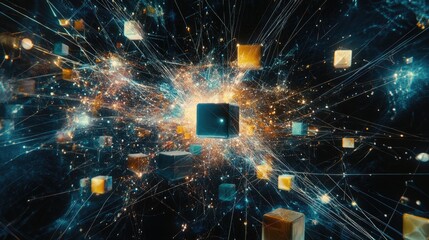 Abstract visual of AI technology with cubes floating in space, connected by glowing lines, symbolizing data processing and machine learning in the digital era