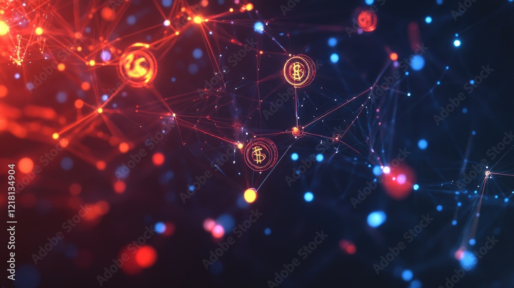 Poster abstract visualization of fintech and digital currencies, with glowing money symbols and blockchain 