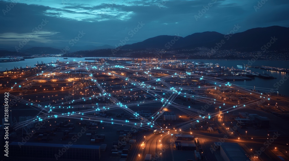 Poster aerial shot of a port with illuminated lines linking various terminals, representing the digital tra