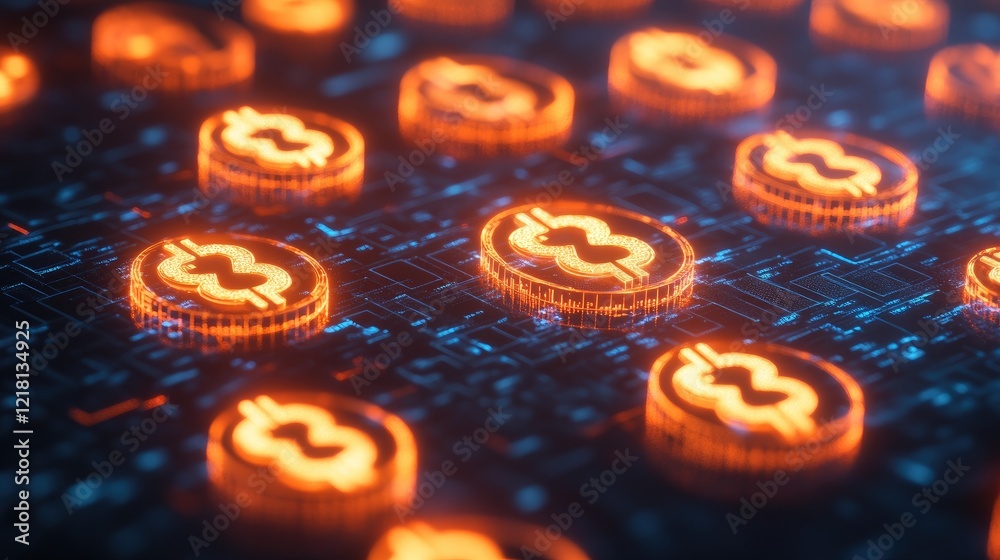 Poster abstract visualization of fintech and digital currencies, with glowing money symbols and blockchain 