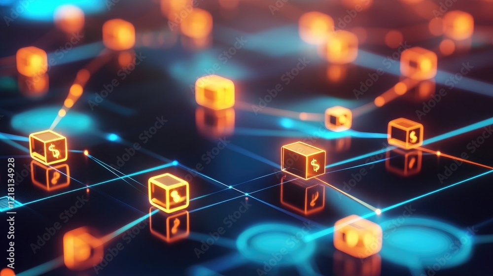 Poster Abstract visualization of fintech and digital currencies, with glowing money symbols and blockchain networks representing modern financial technology