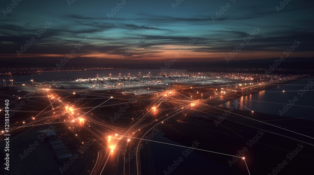 Poster Aerial shot of a port with illuminated lines linking various terminals, representing the digital transformation of global trade and shipping