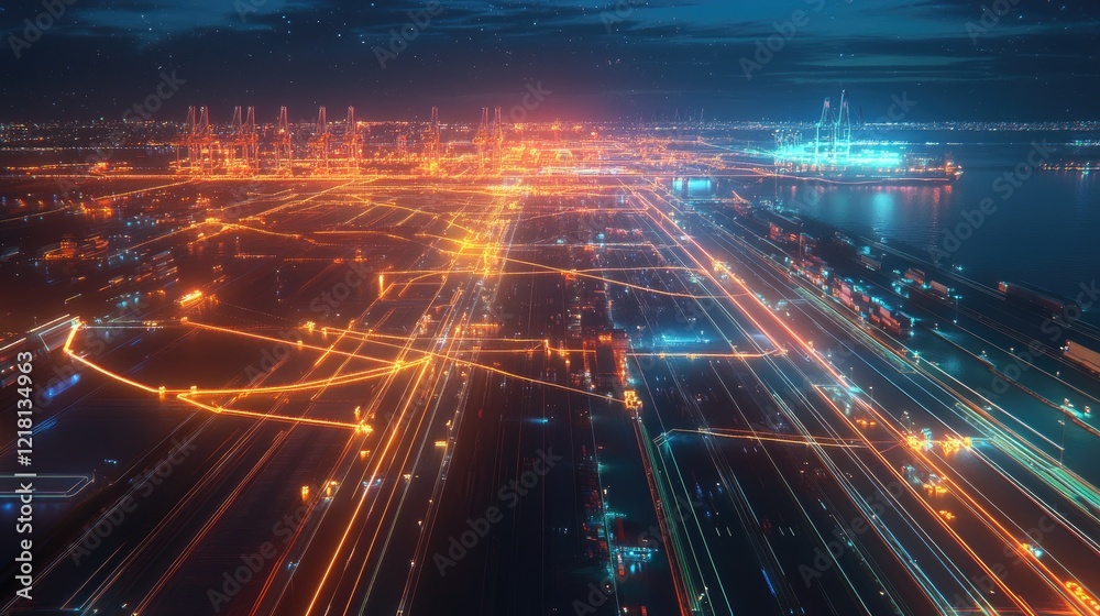 Poster aerial shot of a port with illuminated lines linking various terminals, representing the digital tra