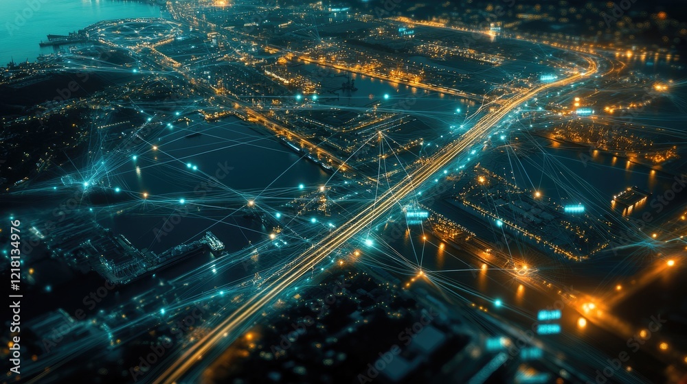 Poster Aerial shot of a port with illuminated lines linking various terminals, representing the digital transformation of global trade and shipping