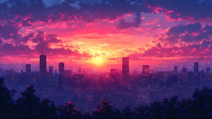 Vibrant Sunset Over Illuminated City Skyline