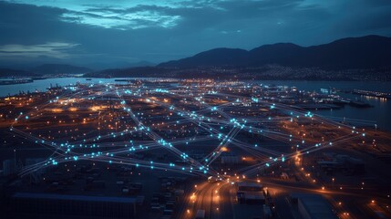 Obraz premium Aerial shot of a port with illuminated lines linking various terminals, representing the digital transformation of global trade and shipping