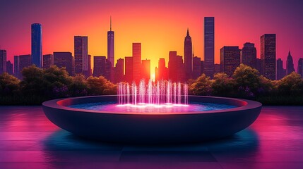 Obraz premium Cityscape Sunset Featuring a Modern Fountain Design