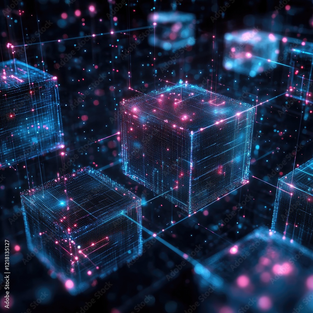 Poster AI Innovation and Cloud Technology. Glowing Futuristic Cubes. Digital Network Flow. Data Cubes