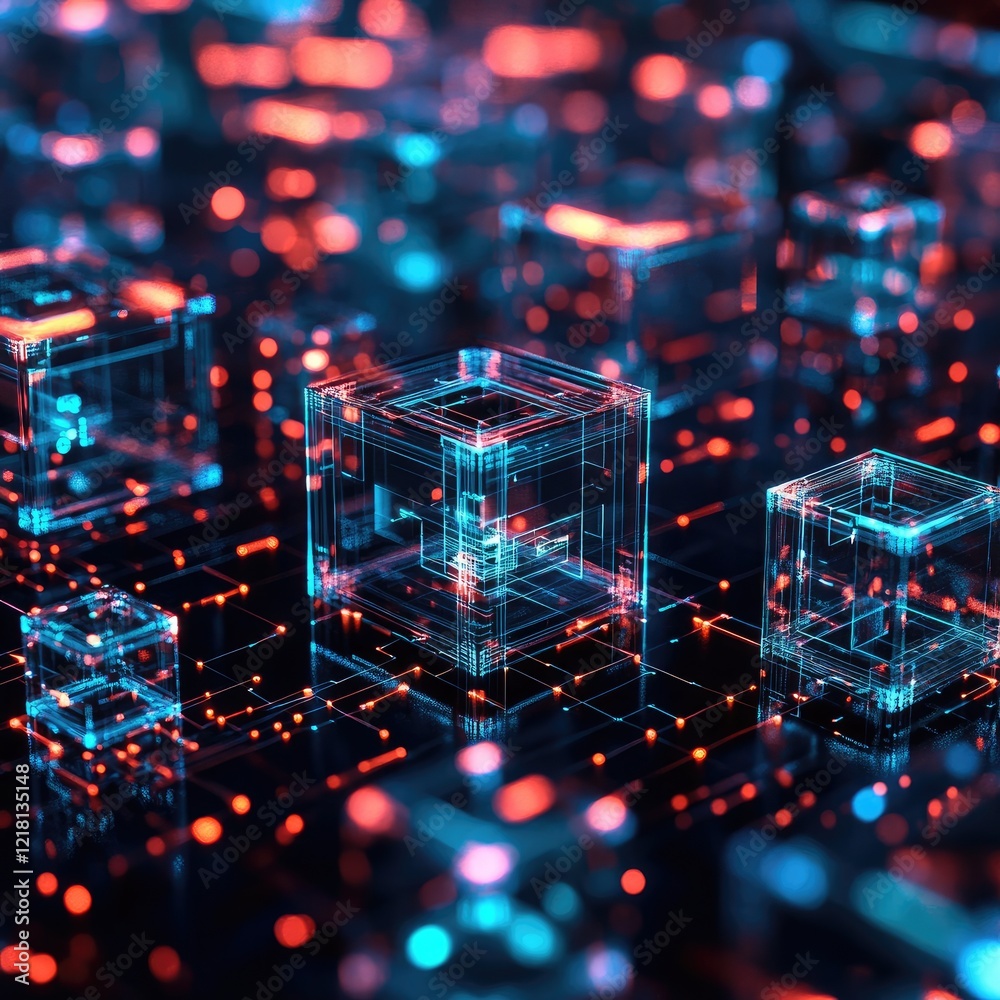 Poster AI Innovation and Cloud Technology. Glowing Futuristic Cubes. Digital Network Flow. Data Cubes